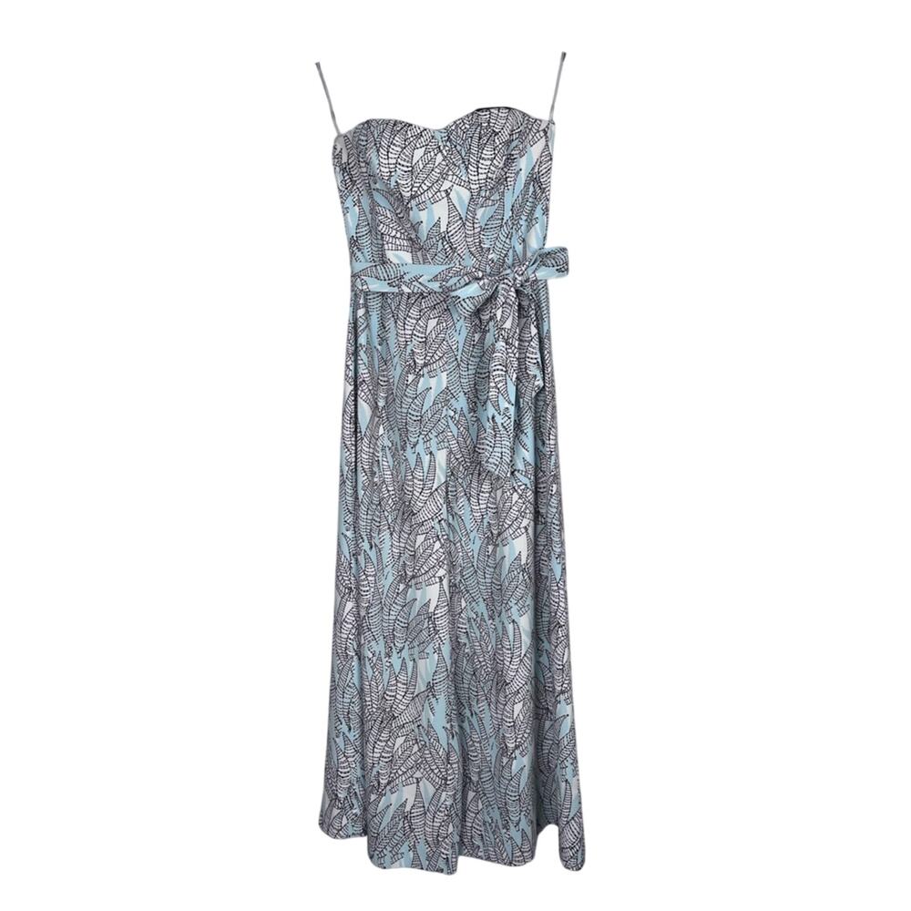H&M Bandeau Belted Jumpsuit Size 4  Wide Leg Crop Spring Light Blue Leaf Print - Picture 6 of 13